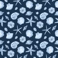 Watercolor blue underwater life pattern. Sea shells, stars and aquatic animals. Undersea pattern. Royalty Free Stock Photo