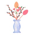 Watercolor blue vase Easter pussy willow and eggs. Blooming cherry twig.