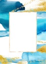 Watercolor blue vertical abstract card. Hand painted beautiful golden border. Marine illustration for design, print