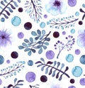 Watercolor Blue And Violet Leaves, Berries And Spots Seamless Pattern Royalty Free Stock Photo