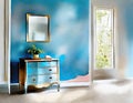 Watercolor of Blue wall commode decor in living