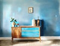 Watercolor of Blue wall commode decor in living