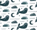 Watercolor blue whale and moon. Cute nautical navy cartoon animal pattern