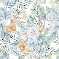 Watercolor blue and white floral seamless pattern with flower bouquet. Golden Rose, greenery branch, pampas grass Royalty Free Stock Photo