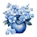 Watercolor Blue And White Flowers In Vase - Monochromatic Illustration