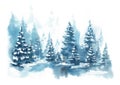 Watercolor Blue winter landscape of foggy forest hill. Wild nature, frozen, misty, taiga. Horizontal watercolor background.