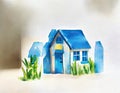 Watercolor of Blue wooden house building block Royalty Free Stock Photo