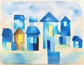 Watercolor of Blue wooden house building block Royalty Free Stock Photo