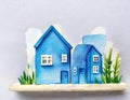 Watercolor of Blue wooden house building block Royalty Free Stock Photo