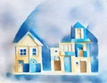Watercolor of Blue wooden house building block Royalty Free Stock Photo