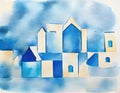 Watercolor of Blue wooden house building block Royalty Free Stock Photo