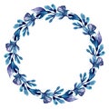 Watercolor blue wreath frame. Botanical floral clip art