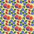 Watercolor blueberries and fig seamless pattern