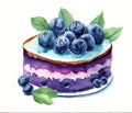 Watercolor blueberry cake clipart in high definition, isolated on white.