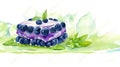 Watercolor blueberry cake clipart in high definition, isolated on white.