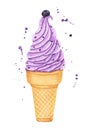 Watercolor blueberry ice cream in waffle cone