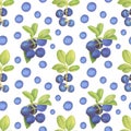 Watercolor blueberry seamless pattern. Hand drawn branches with bilberry and leaves on white background. Forest plant Royalty Free Stock Photo