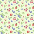Watercolor blueberry, strawberry and raspberries seamless pattern on green background.