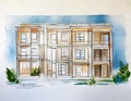 Watercolor of Blueprint plan of a residential construction project in featuring the design