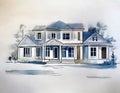 Watercolor of Blueprint plan of a residential construction project in featuring the design