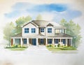 Watercolor of Blueprint plan of a residential construction project in featuring the design