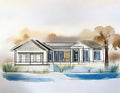 Watercolor of Blueprint plan of a residential construction project in featuring the design