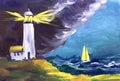 Watercolor blurry landscape of beacon dispelling darkness of stormy sky. Yellow sailboat sails on light signal through raging sea Royalty Free Stock Photo