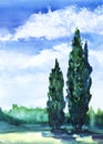 Watercolor blurry summer landscape. Tall cypress trees, green field, lush vegetation and bright blue sky with fluffy white clouds Royalty Free Stock Photo