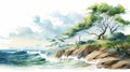 Watercolor Blustery: Rocky Beach With Trees Illustration