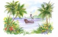 Watercolor Boat on river water vector illustration