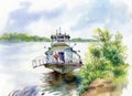 Watercolor Boat on river water vector illustration