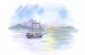 Watercolor Boat on river water vector illustration