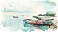 Watercolor Boats on Calm Water Near Shore Royalty Free Stock Photo