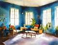 Watercolor of A bohemian living room with a backdrop of blue wall