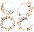 Watercolor Bohemian round frames with dried tropical leaves and orchid flowers illustration