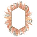 Watercolor boho bouquet with dried pampas grass and silver geometric frame on isolated on white background. Flower