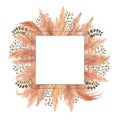 Watercolor boho bouquet with dried pampas grass and silver geometric frame on isolated on white background. Flower