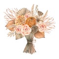 Watercolor boho bouquet with dried tropical leaves, gentle flowers and pampas. Botanical floral card. Beige, green, orange palm