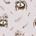 Watercolor boho floral raccoon seamless pattern with feather. bohemian natural background: leaves, feathers, flowers Royalty Free Stock Photo