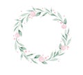 Watercolor boho floral wreath. Bohemian natural frame: leaves, feathers, flowers, Isolated on white background