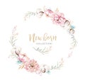 Watercolor boho floral wreath with cotton. Bohemian natural frame: leaves, feathers, flowers, Isolated on white Royalty Free Stock Photo