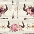 Watercolor boho hand painted seamless pattern with bull horns, ornaments, arrows and flower arrangement Royalty Free Stock Photo