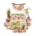 Watercolor boho home decor greeting card, bedroom decor, indoor plants, urban jungle Royalty Free Stock Photo