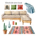 Watercolor boho interior elements. Hygge style, scandinavian interior. Handdrawn clipart