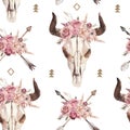 Watercolor boho seamless pattern of arrows, bull skull with horns & floral arrangement on white background