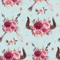 Watercolor boho seamless pattern of arrows, horns, ornaments & floral arrangement on blue background Royalty Free Stock Photo