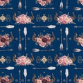 Watercolor boho seamless pattern of arrows, horns, ornaments & floral arrangement on dark blue background Royalty Free Stock Photo