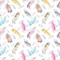 Watercolor boho seamless pattern with colorful bird feathers flying on white background. Hand drawn ethnic tribal illustration Royalty Free Stock Photo