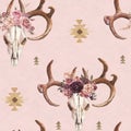 Watercolor boho seamless pattern of deer skull with antlers & floral arrangement on bright pink background