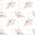 Watercolor boho seamless pattern with hand painted tropical dried palm leaves, pampas branches and cherry flowers